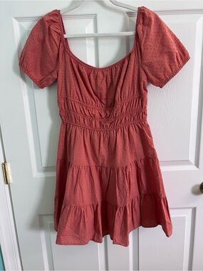 Altar'd State Dusty Rose Swiss Dot Tiered Midi Dress